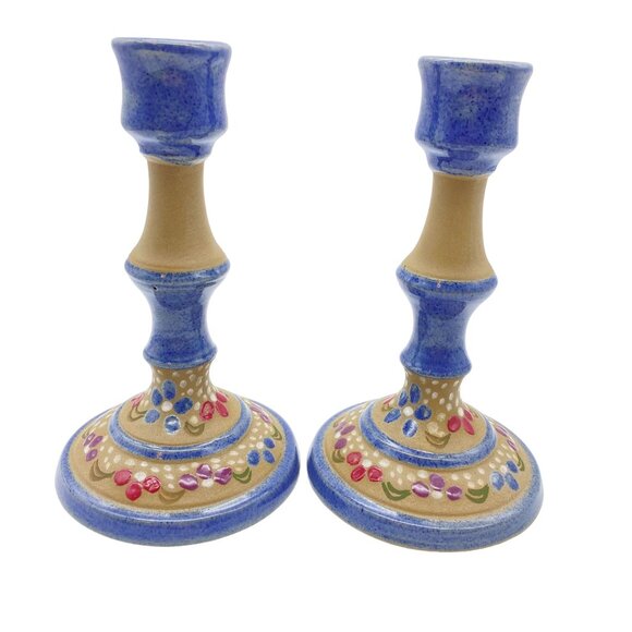 Studio Pottery Taper candlestick holders stoneware Signed Ballard country chic - Picture 2 of 11